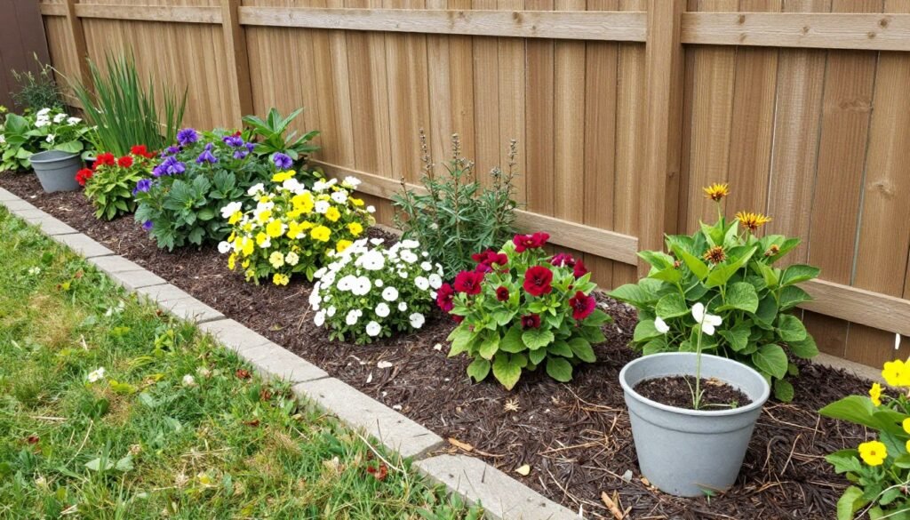 Budget-friendly fence line landscaping with perennial divisions, repurposed materials, and mulch