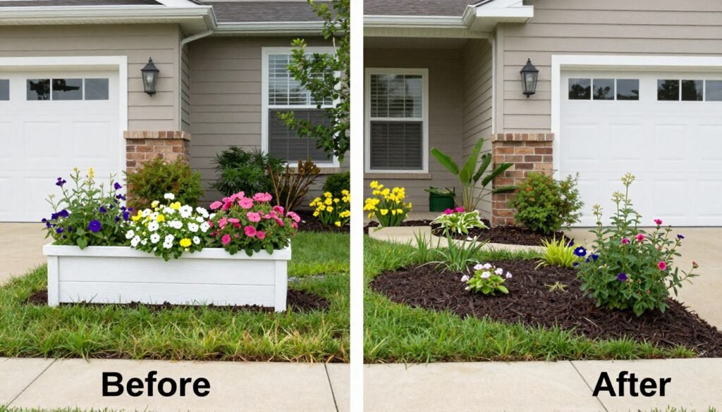 Budget-friendly front yard with DIY elements, affordable plants, and simple improvements