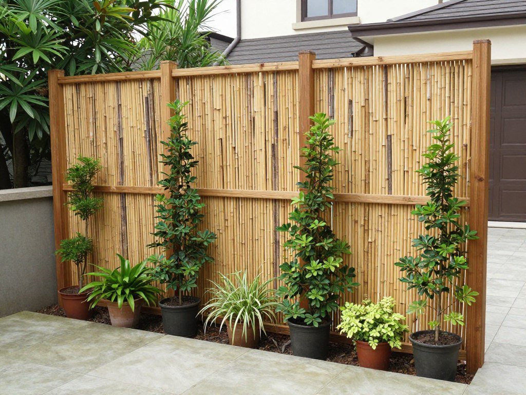 Budget patio privacy screen made with bamboo and potted plants Budget patio privacy screen made with bamboo and potted plants