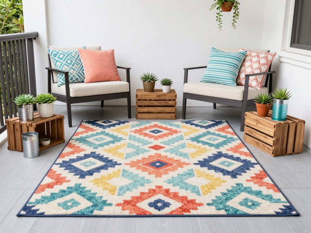 Budget patio with colorful outdoor rug, throw pillows, and DIY planters made from repurposed containers