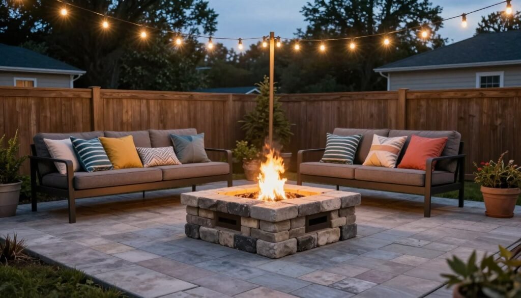Budget paver patio with string lights and DIY fire pit