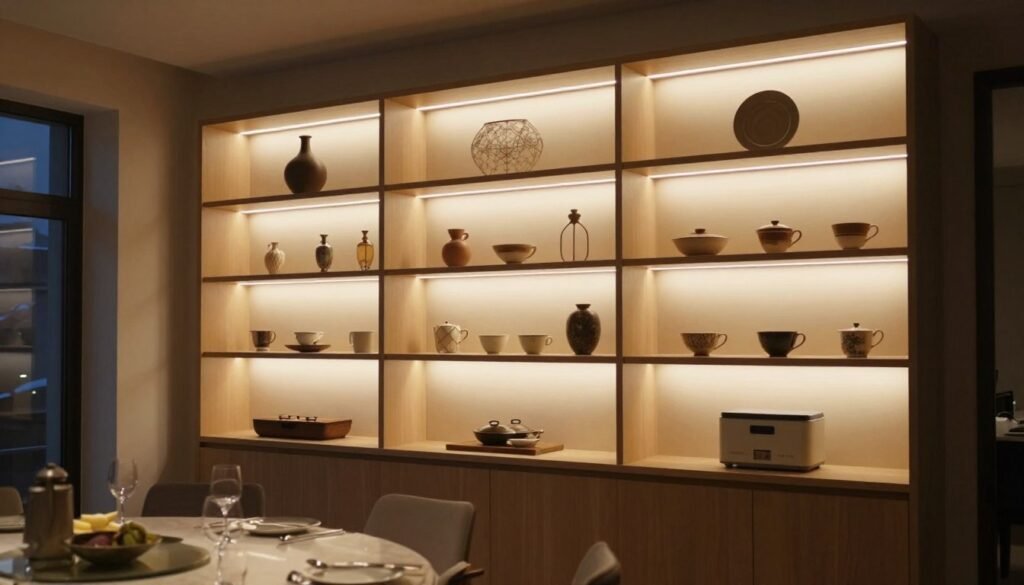 Built in buffet dining room with integrated LED lighting highlighting displayed items and creating ambiance