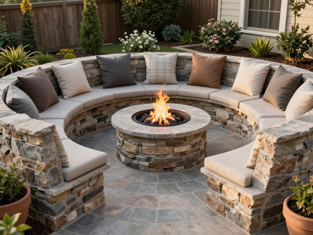 Built-in curved stone bench seating around a fire pit with cushions and throw pillows for comfort