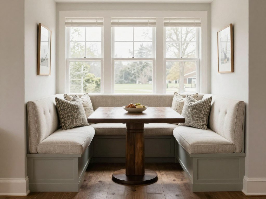 Built-in dining banquette bench in a window nook with custom upholstery