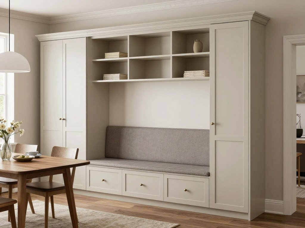 Built-in dining banquette bench with surrounding cabinetry for storage