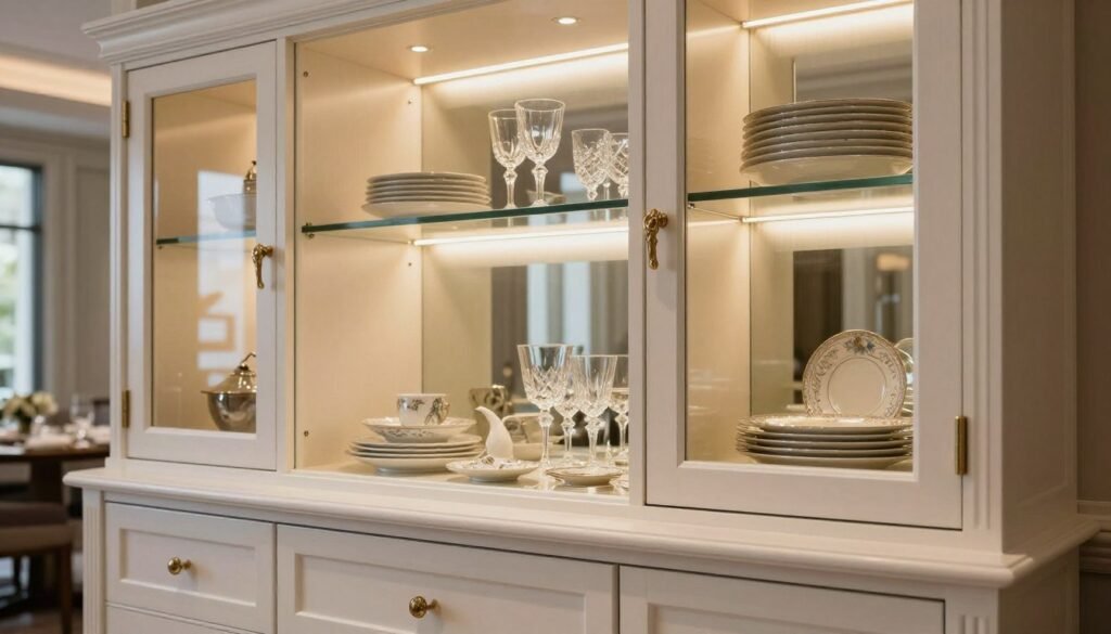 Built-in dining room buffet with glass-front display cabinets and integrated lighting