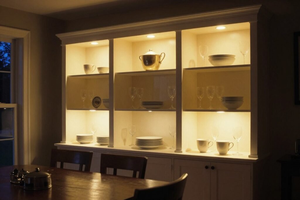 Built-in hutch dining room with integrated lighting highlighting displays