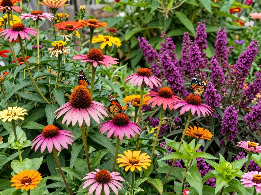 Butterfly garden with various nectar plants and butterflies visiting flowers