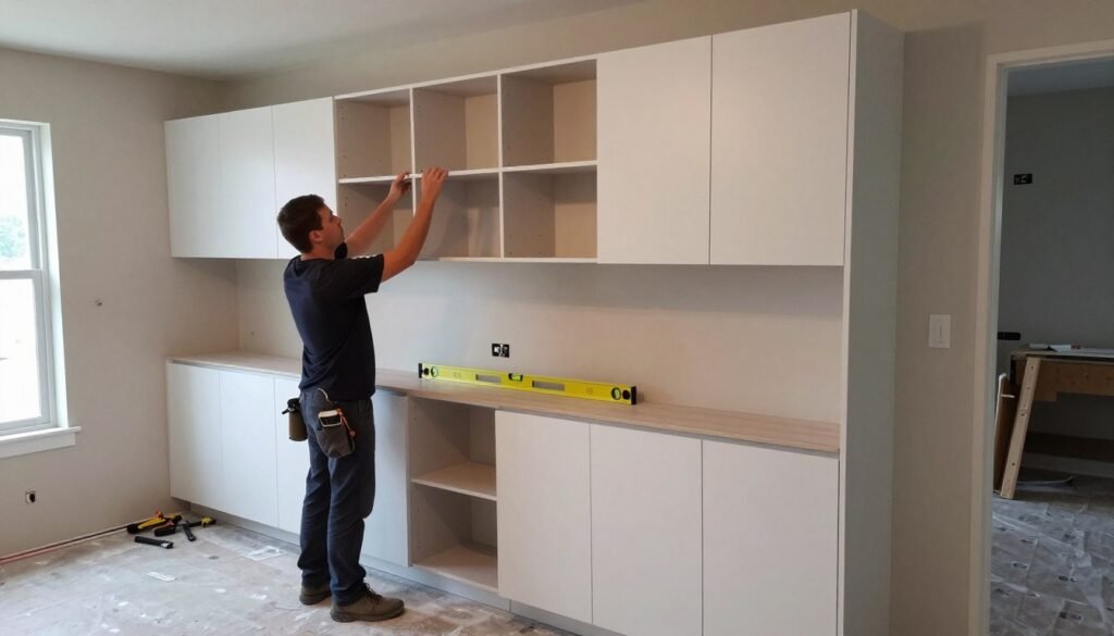 Carpenter installing custom cabinetry for a dining room storage wall with tools and materials visible