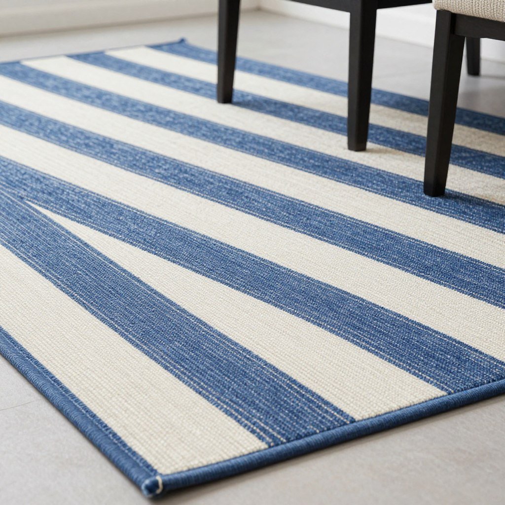 Casual dining area with a practical indoor/outdoor rug in a striped pattern