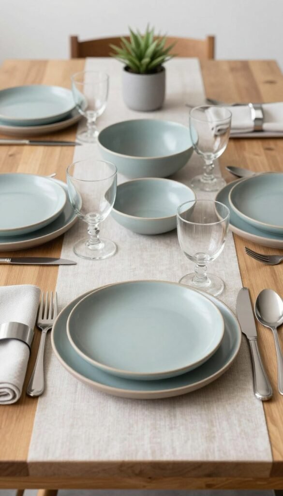 Casual everyday table setting with mixed dishware and simple centerpiece