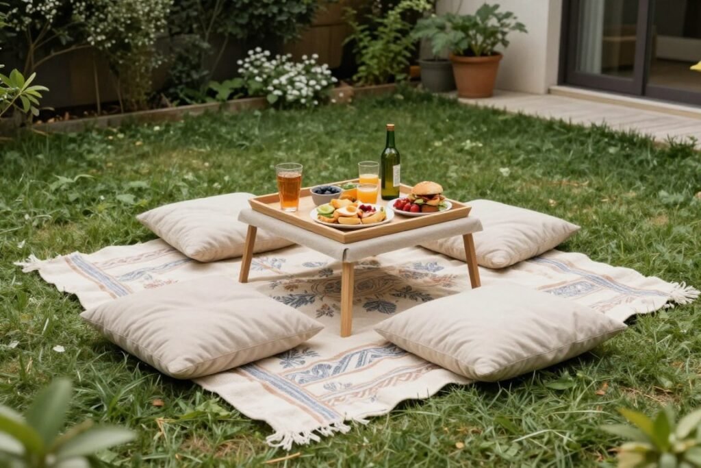 Casual picnic-style dining area in a cozy backyard with a blanket, cushions, and low table