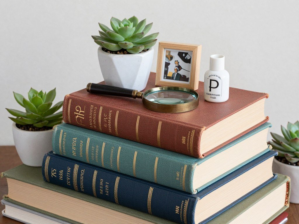 Centerpiece using vintage books, small potted plants, and personal collectibles