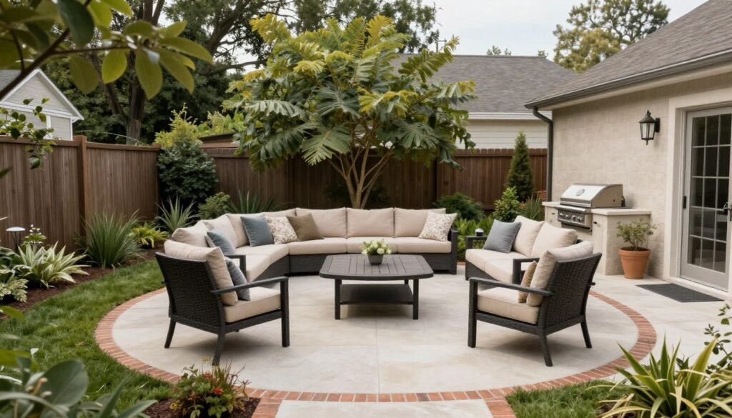 Central entertaining hub backyard landscaping designs layout with patio and seating