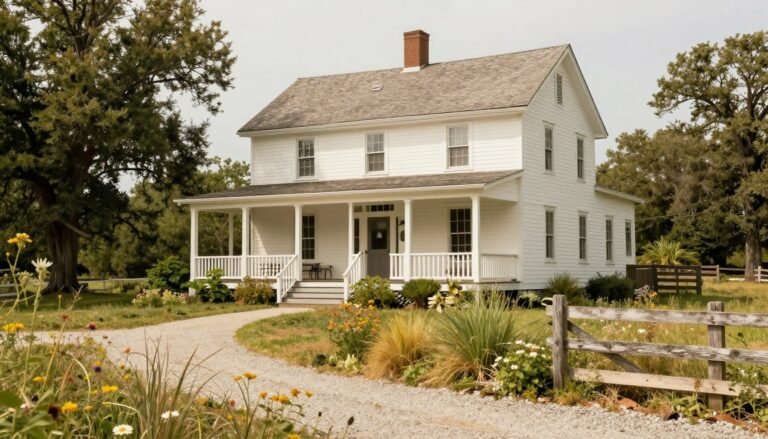 Charming farmhouse with white exterior, wraparound porch, and natural landscaping featuring wildflowers and gravel pathways