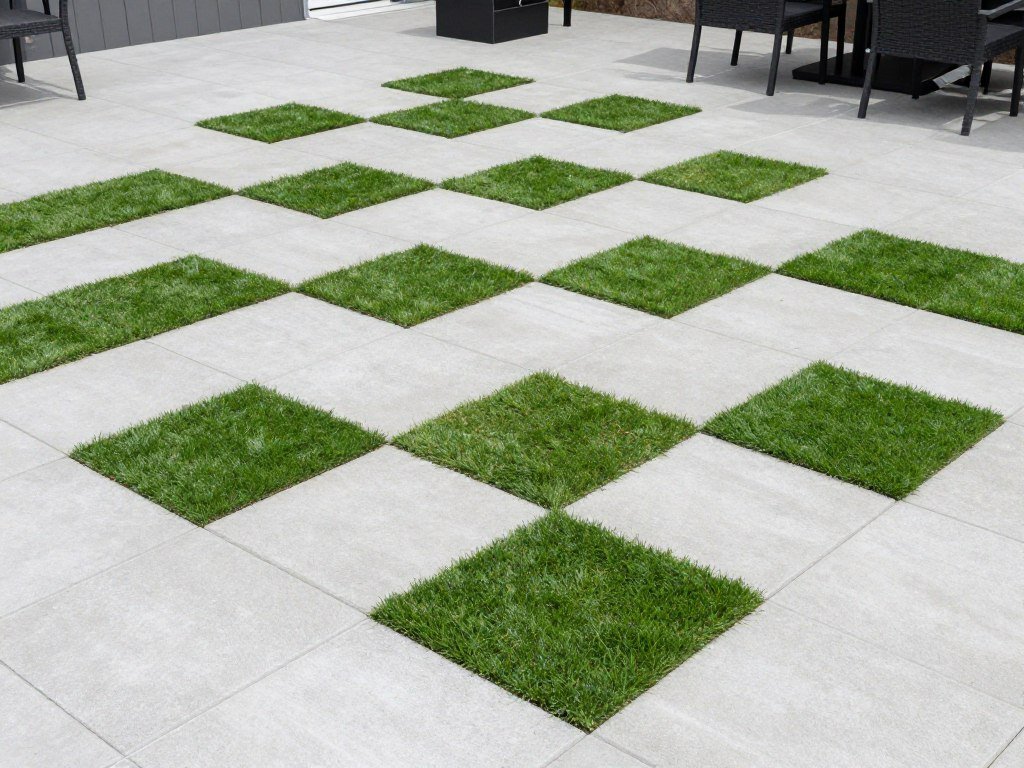 Checkerboard pattern of square pavers and turf in a modern backyard