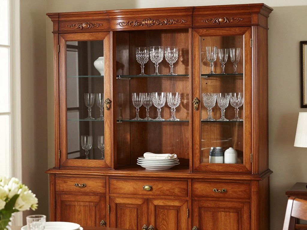 Cherry wood traditional dining room hutch with curved glass doors and formal place settings displayed inside Cherry wood traditional dining room hutch with curved glass doors and formal place settings displayed inside