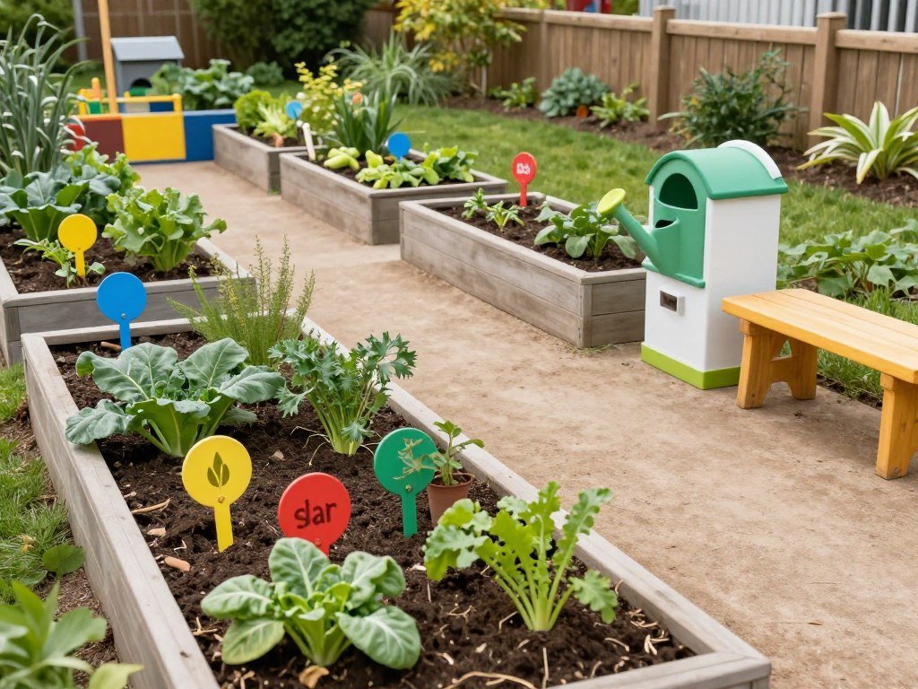 Child-friendly vegetable garden with raised beds and colorful markers for backyard makeover