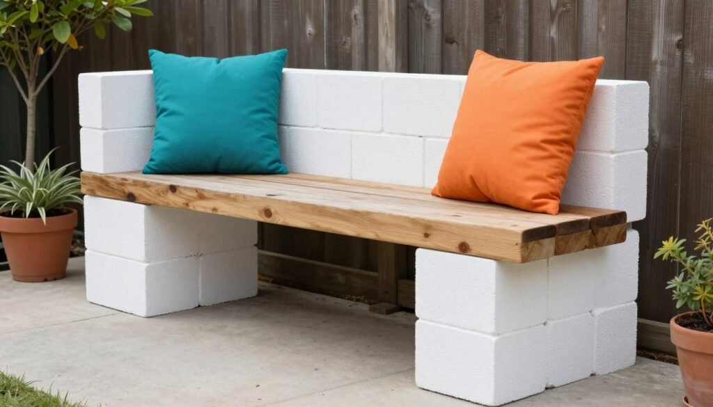Cinder block bench with wooden beams and colorful cushions