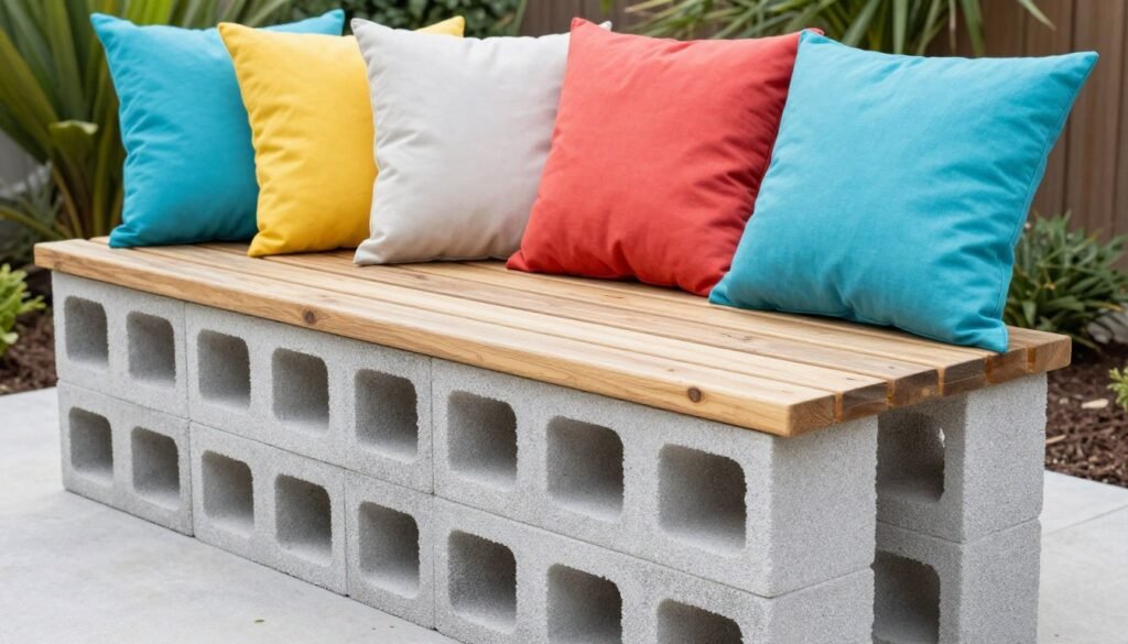 Cinder block bench with wooden slats and cushions in a garden setting