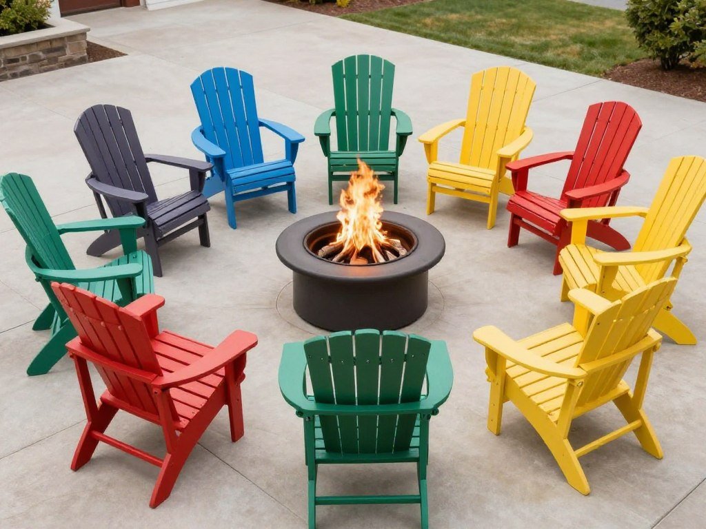 Circle of colorful Adirondack chairs around a simple fire pit on a patio