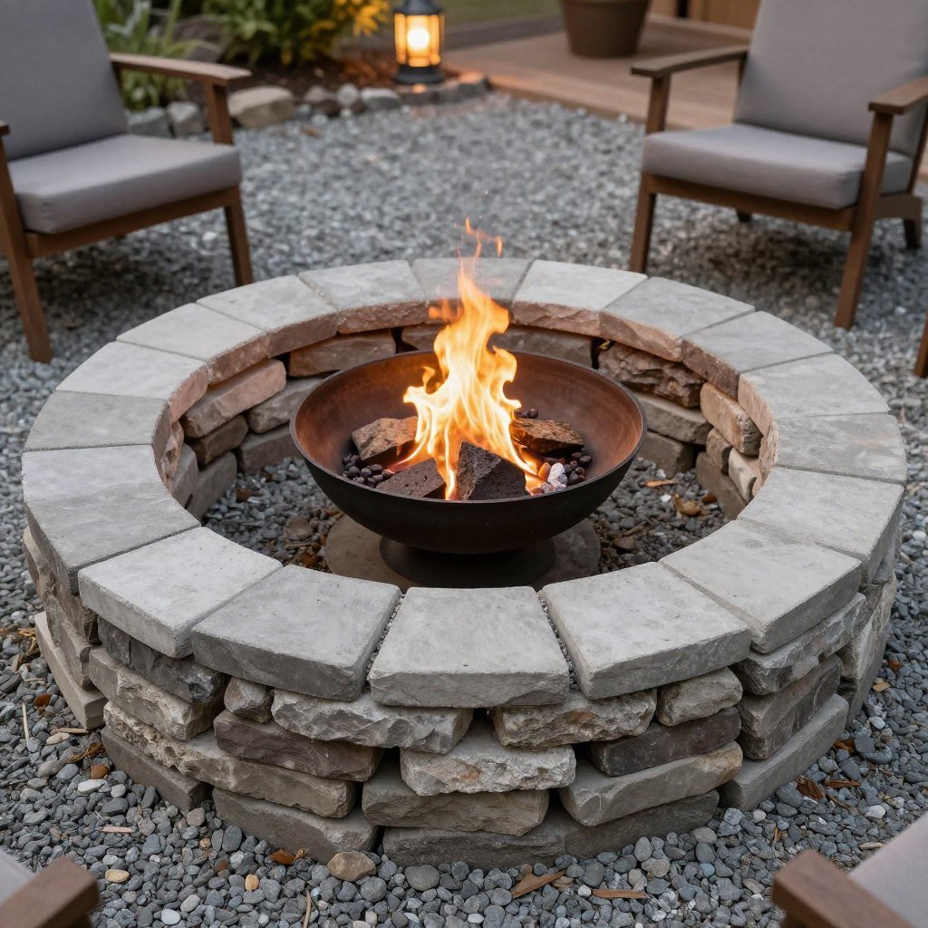 Circular DIY fire pit made from stacked pavers with gravel surround