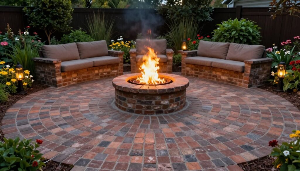 Circular brick patio with fire pit and surrounding seating