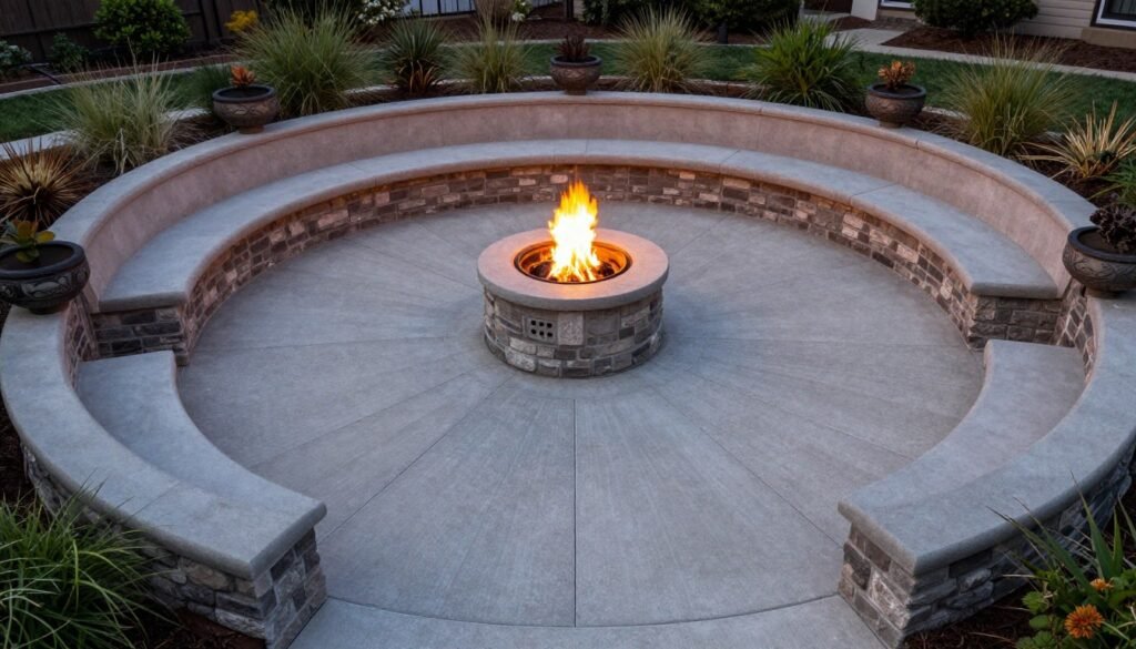 Circular concrete patio with radiating pattern and fire pit centerpiece