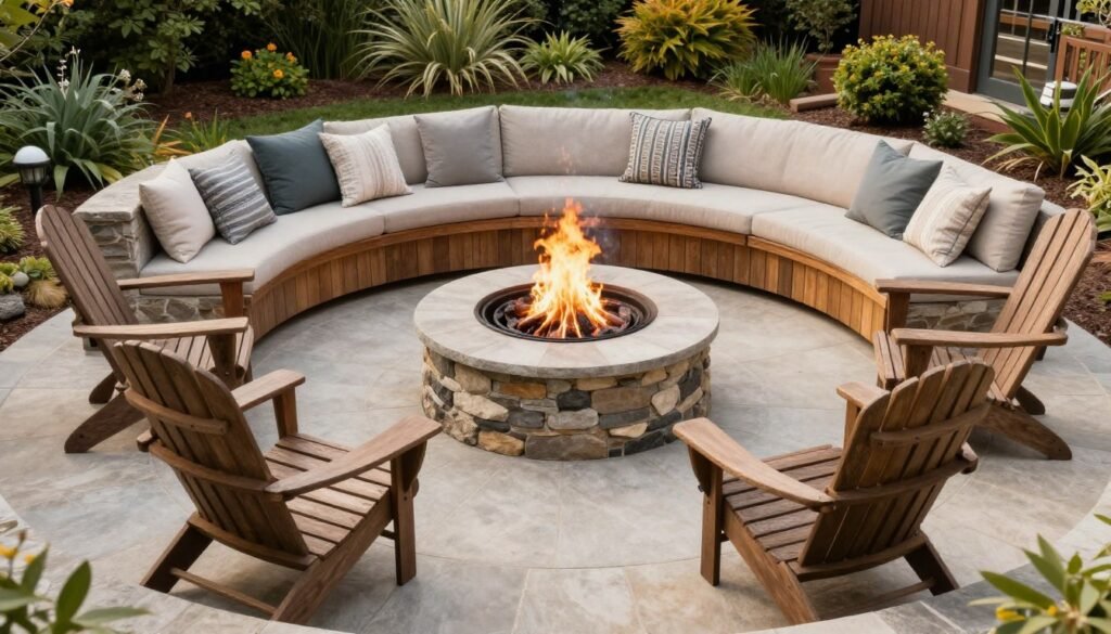 Circular fire pit with various seating options including Adirondack chairs and built-in benches