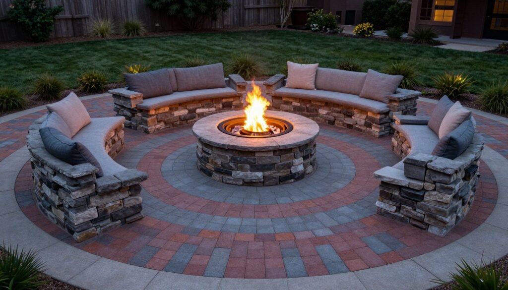 Circular paver patio design with fire pit as central focal point