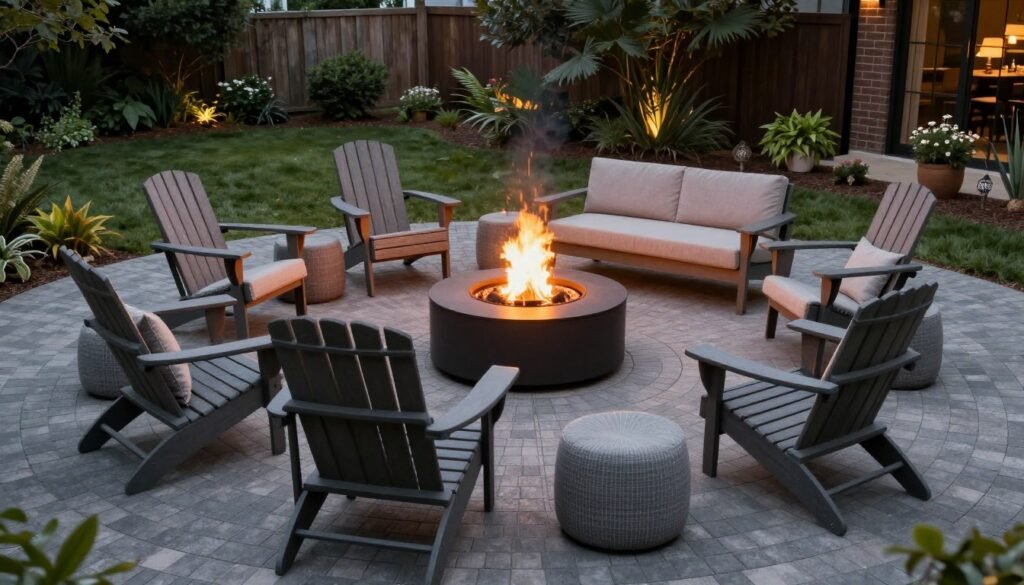 Circular seating arrangement around a fire pit with mixed furniture types creating a conversational space