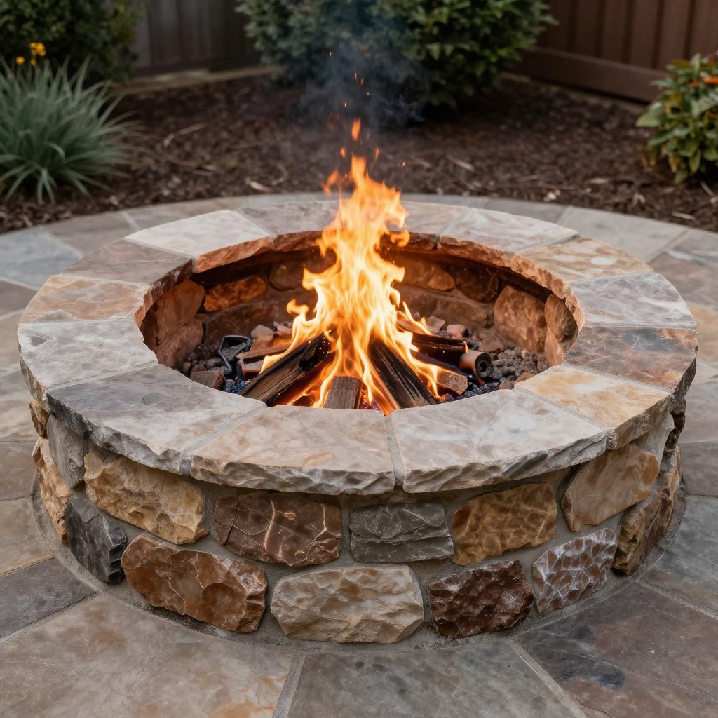 Circular stone fire pit with natural stones arranged in a perfect circle with flames visible inside