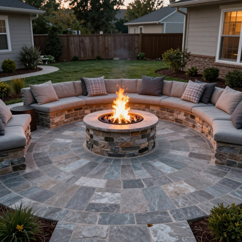 Circular stone patio design with fire pit as central feature