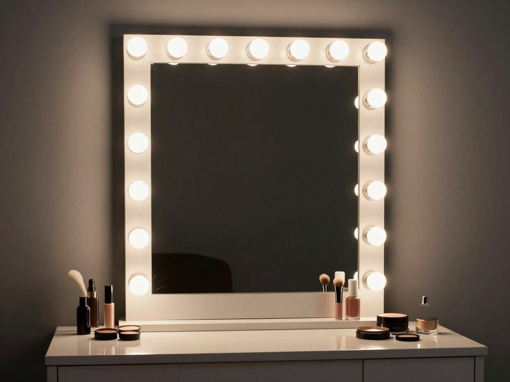Classic Hollywood-style vanity mirror with bulbs surrounding the frame