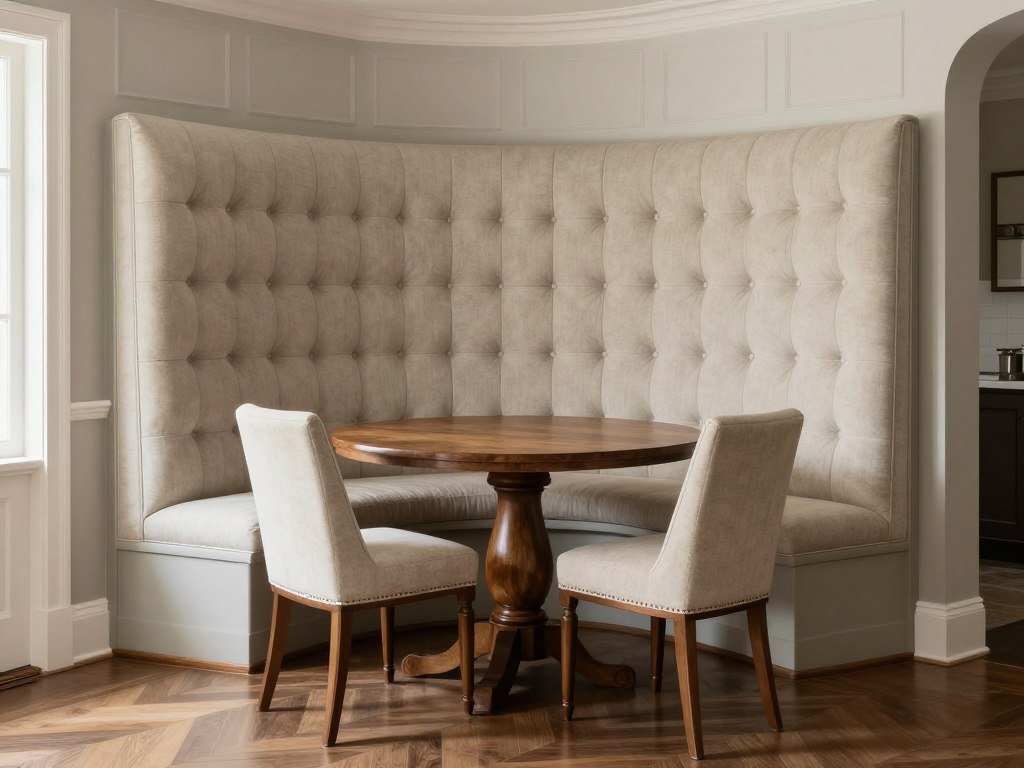Classic built-in corner dining nook with elegant upholstery and traditional details