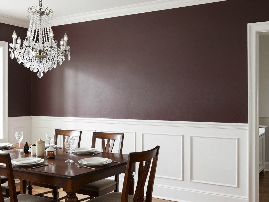 Classic dining room with white wainscoting accent wall, dark paint above, crystal chandelier, and traditional furniture