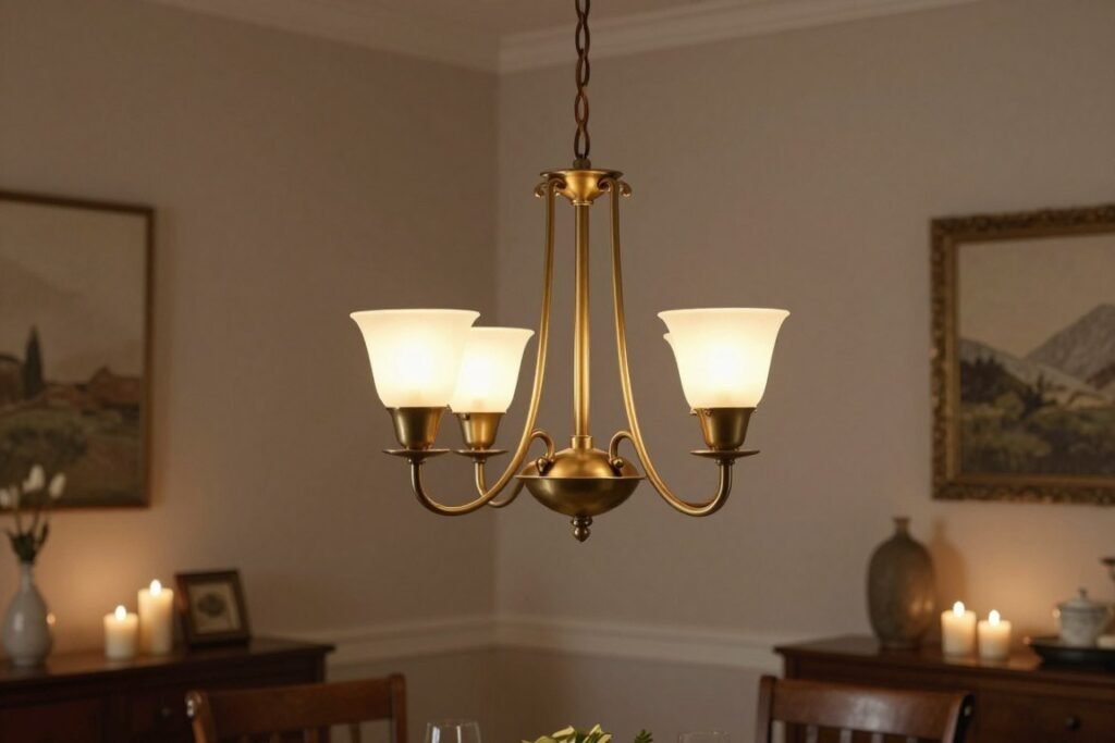 Classic pendant light hanging over a dining table in Nancy Meyers style