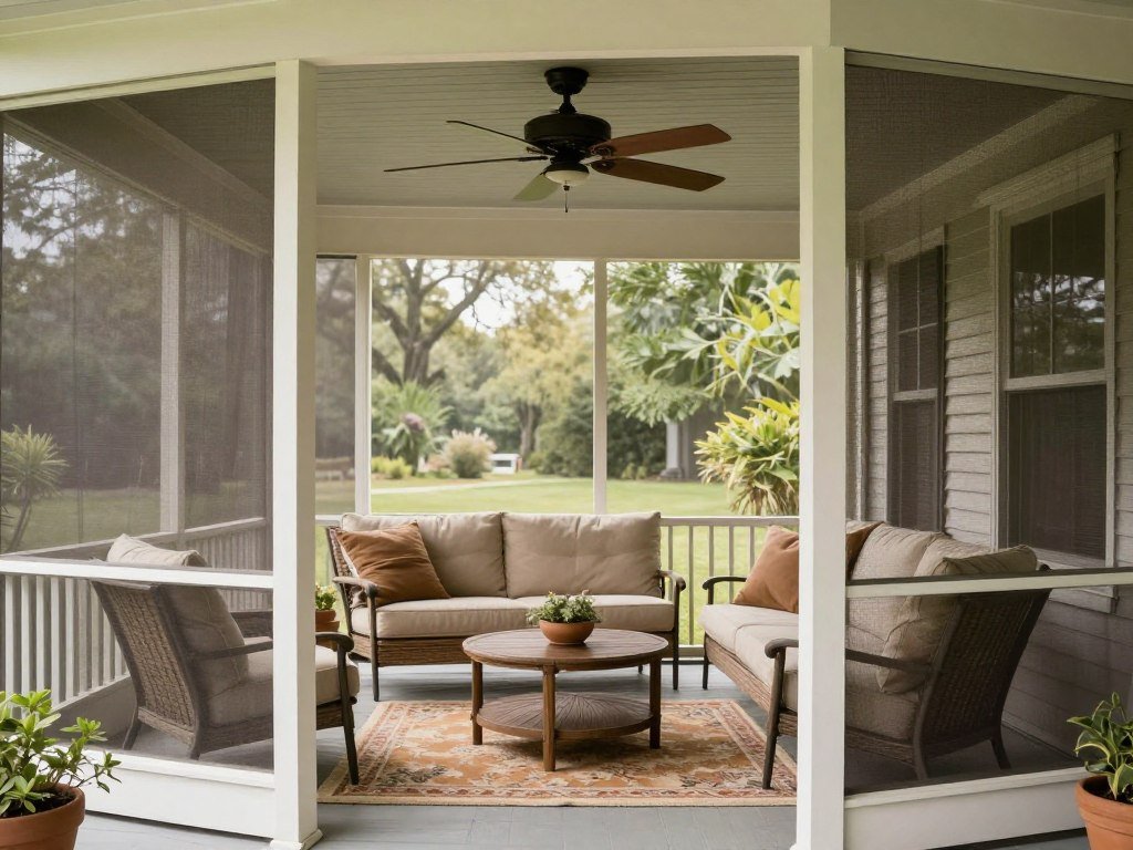 Classic screened-in porch with comfortable seating, ceiling fan, and outdoor rug creating a perfect enclosed patio idea Classic screened-in porch with comfortable seating, ceiling fan, and outdoor rug creating a perfect enclosed patio idea