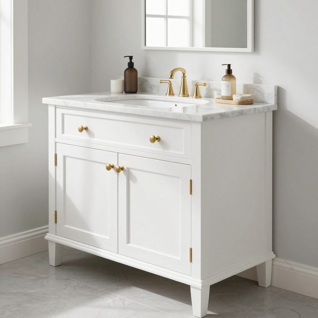 Classic white painted bathroom vanity with marble countertop and brass hardware