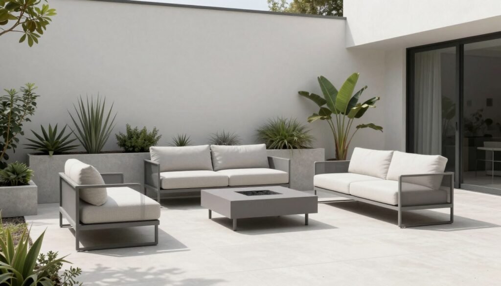 Clean-lined modern patio with neutral colors and minimal accessories