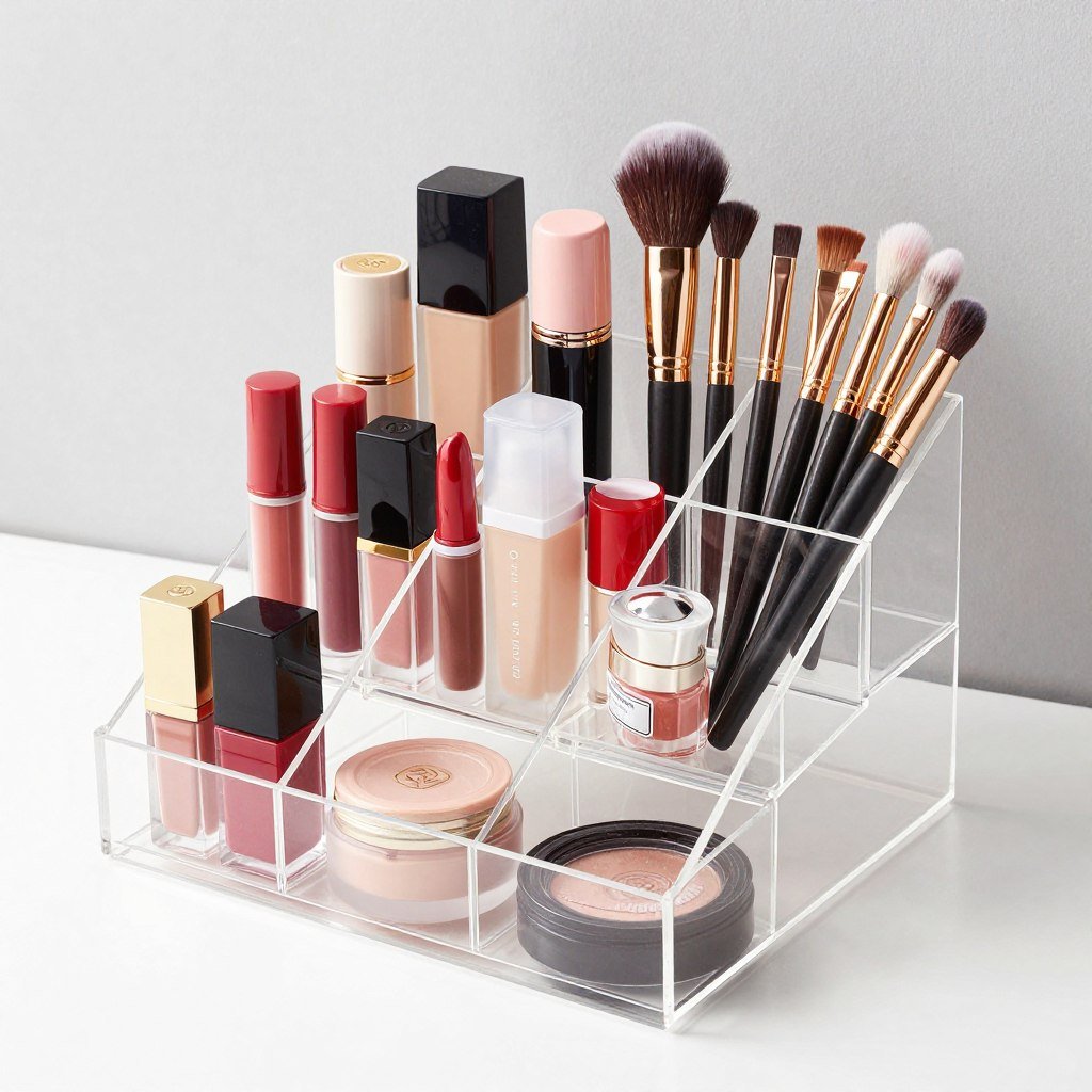 Clear acrylic makeup organizer with lipsticks and brushes