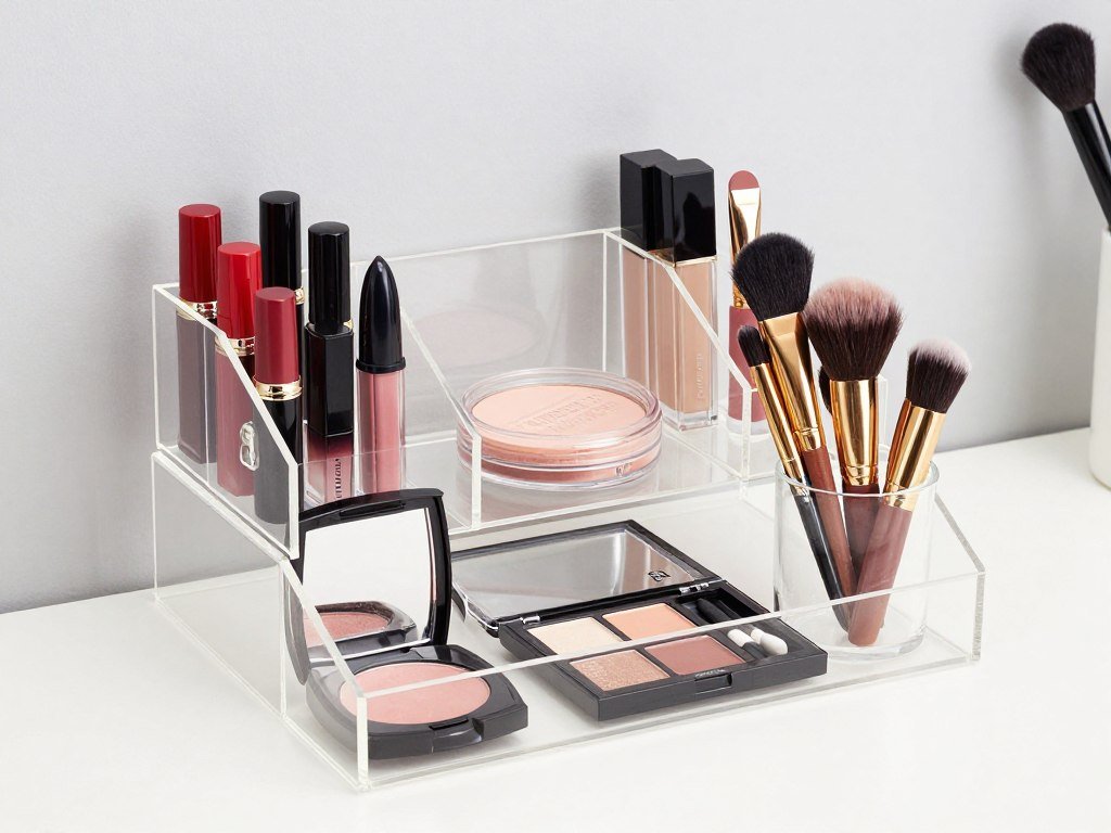 Clear acrylic makeup organizers displaying cosmetics in an attractive and accessible way
