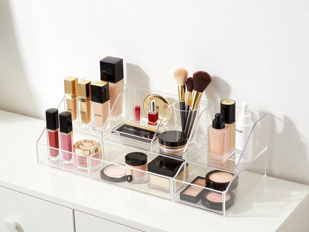 Clear acrylic vanity organizers holding makeup, brushes, and skincare products
