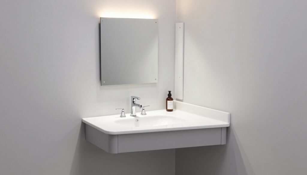 Clever corner vanity setup that maximizes awkward space with triangular design and smart storage