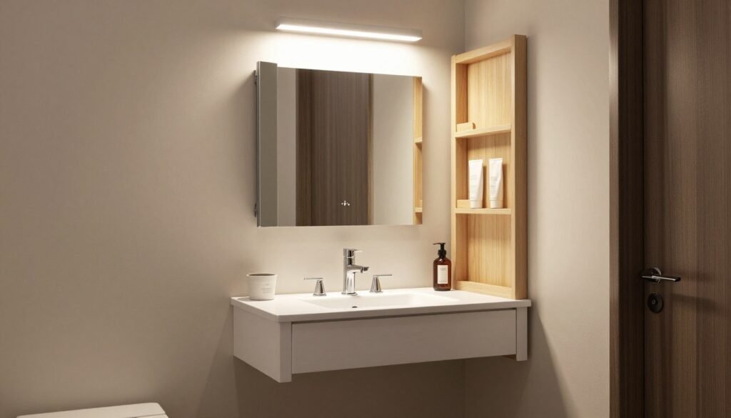 Clever small space vanity setup with compact furniture and smart storage solutions