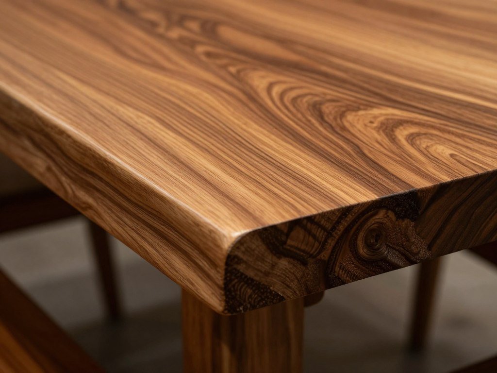 Close-up detail of a live edge dining table showing the natural edge, grain patterns, and polished surface