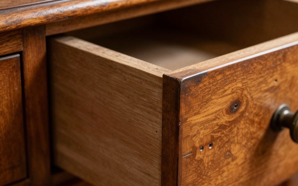 Close-up detail of hand-cut dovetail joints in an antique vanity drawer showing period craftsmanship
