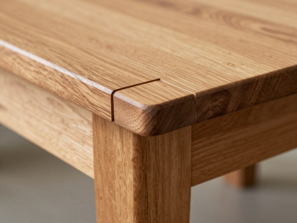 Close-up detail of quality joinery on a farmhouse table showing mortise and tenon connection