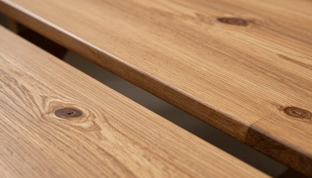 Close-up details of different wood types used in farmhouse dining tables showing grain patterns and finishes