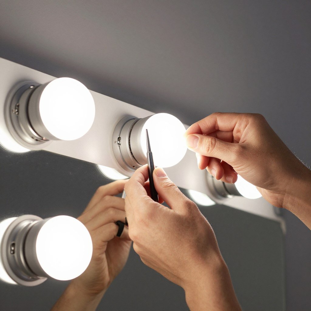 Close-up of DIY vanity lighting installation